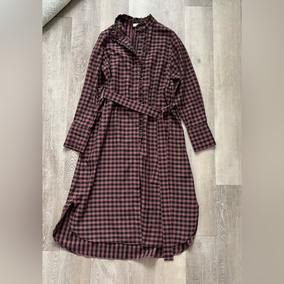 COS Belted Ruffled Midi Short Dress Plaid Brown Black Check - Picture 1 of 15
